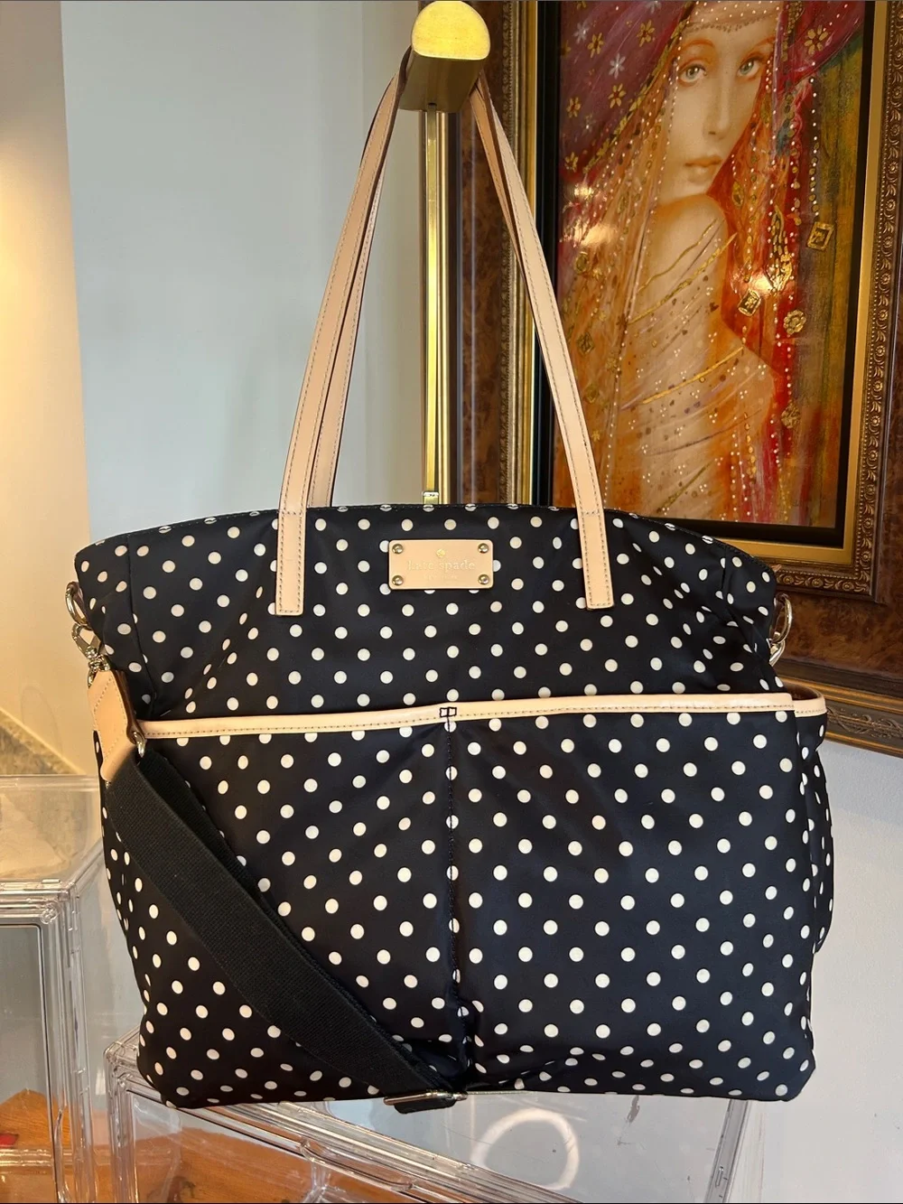 kate spade Black Polka Dot Nylon Tote with Beige Leather Trim 15”x 4.5”x 12” EUC
